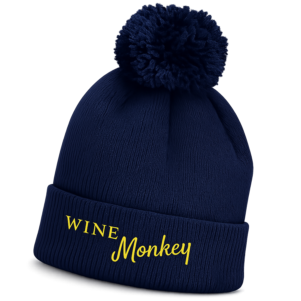 Wine Monkey Bobble Hat black knit hat with yellow logo