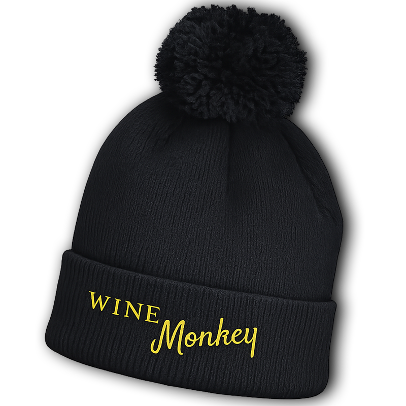 Wine Monkey Bobble Hat black knit hat with yellow logo