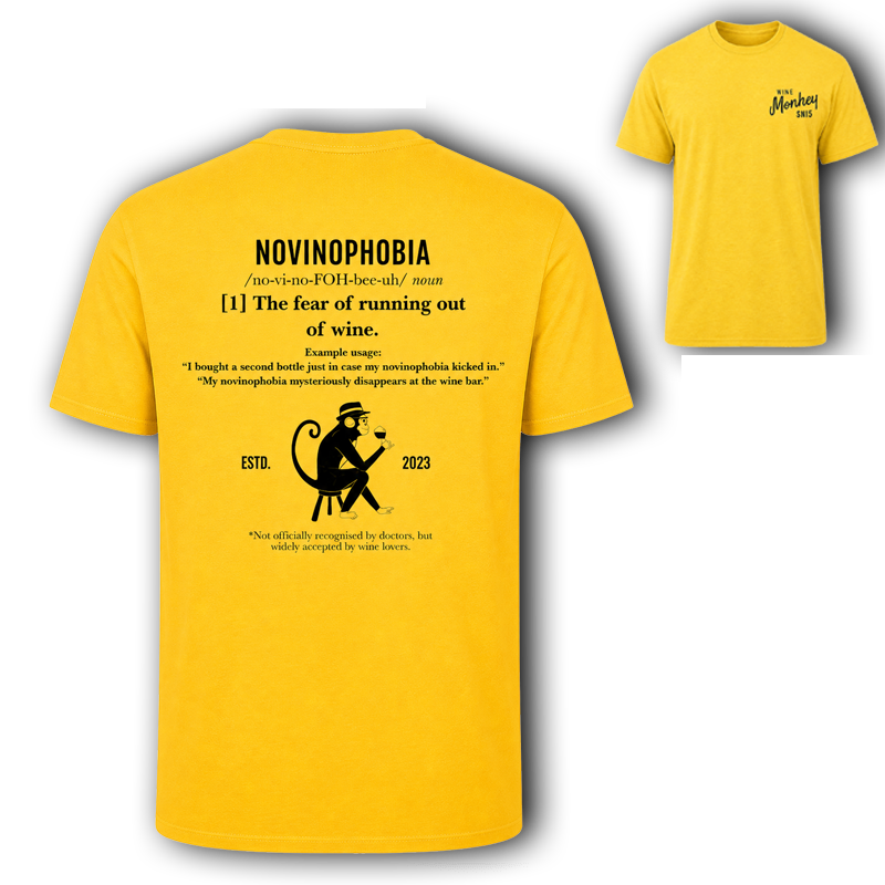 Wine Monkey Novinophobia T-Shirt black cotton t-shirt with wine-themed print